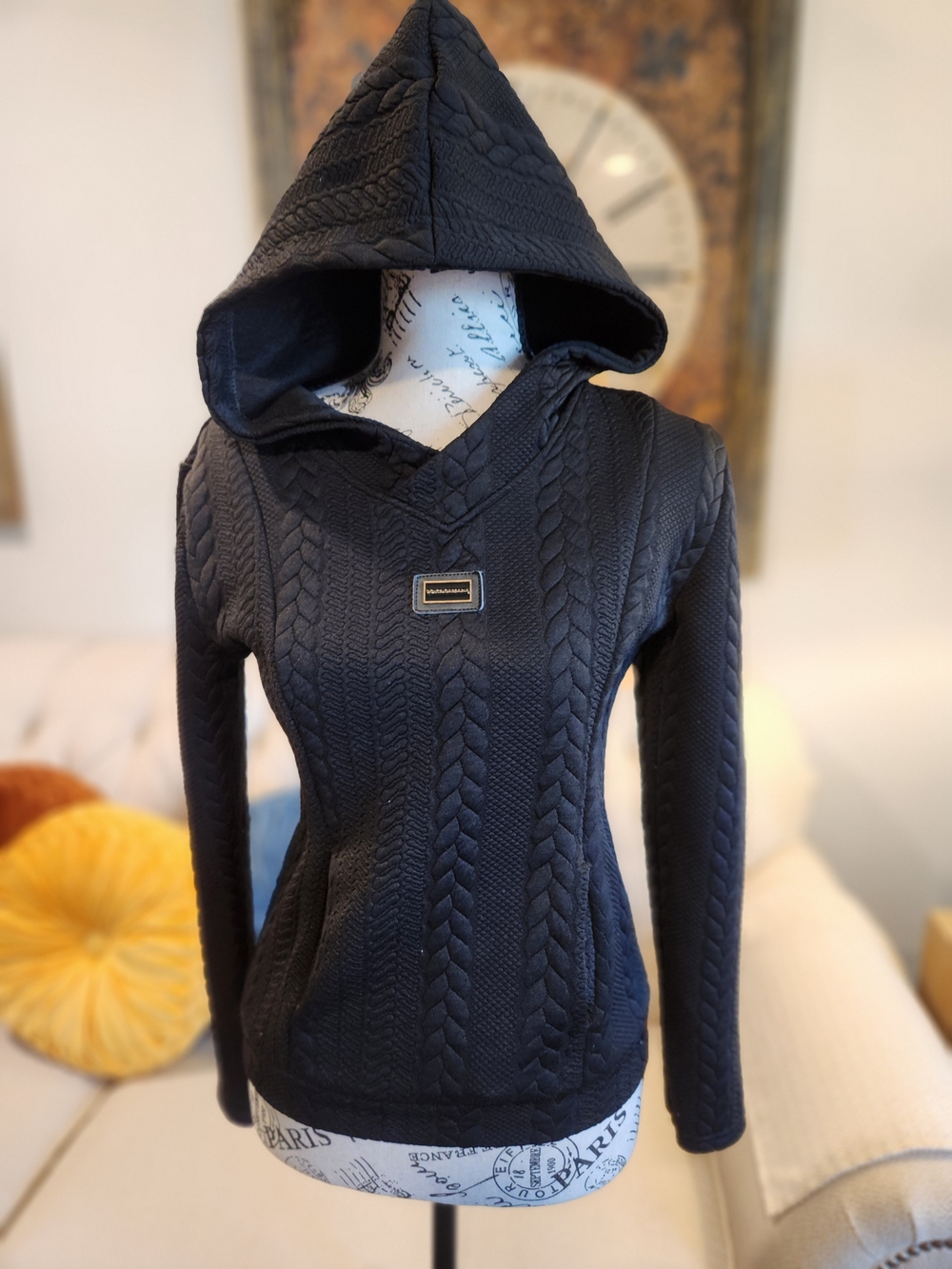 Source Unknown Black Cable-Knit Hooded Pullover